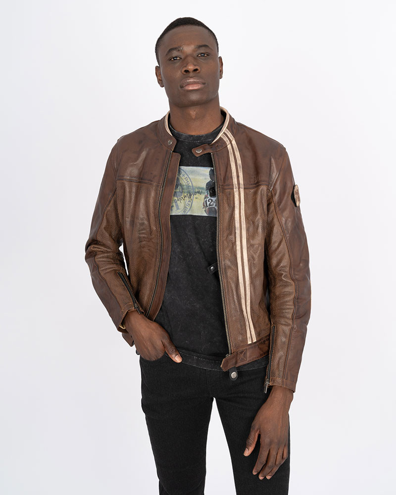 By city chaqueta moto piel 70S Marrón - Imagen 3