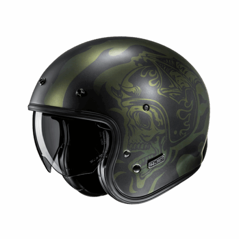 HJC casco jet V31 vintage Flame MC4SF verde mate